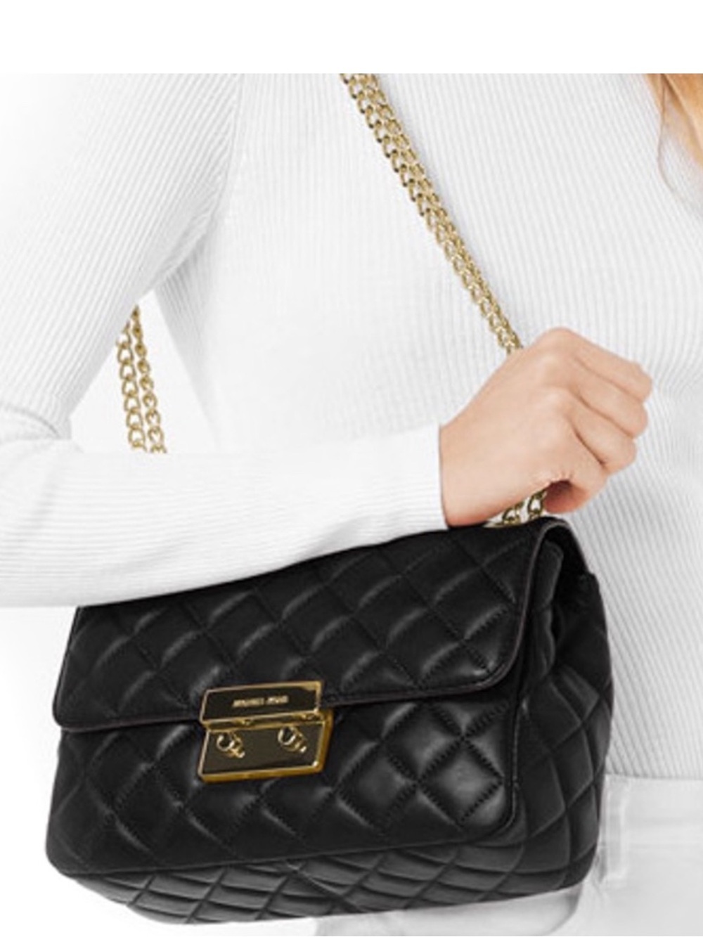 Michael Kors Leather Sloan Quilted Flap Shoulder Bag Chain Crossbody Black Gold